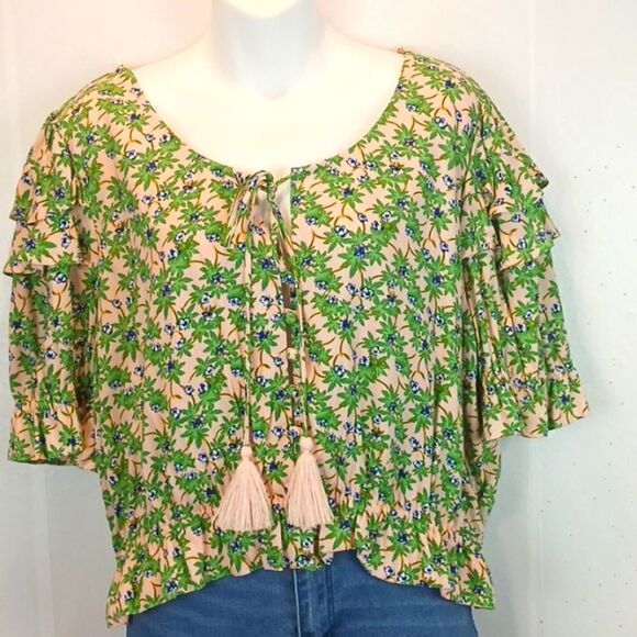 Chelsea & Violet pink/green tropical ruffle sleeve crop top/blouse size XL - Picture 1 of 9